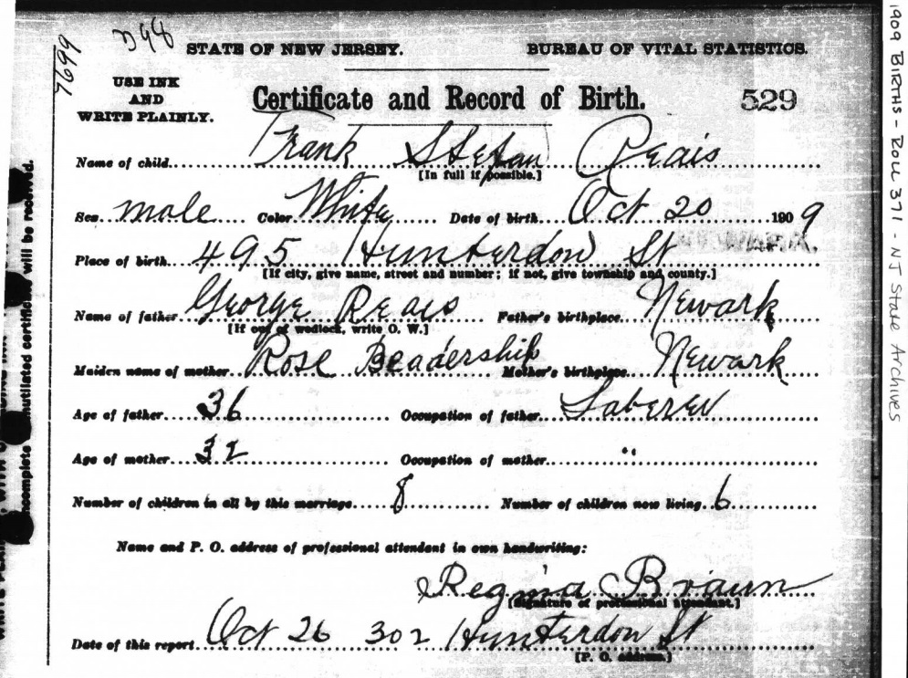 Frank Edward Rears Birth Certificate