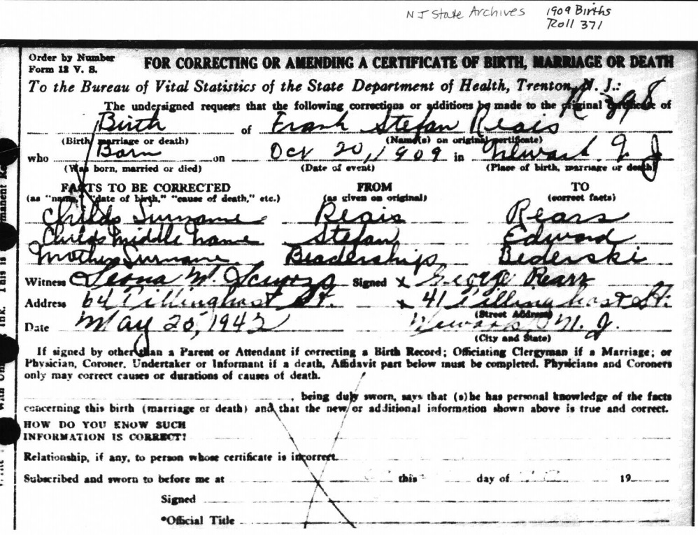 Frank Edward Rears Birth Certificate