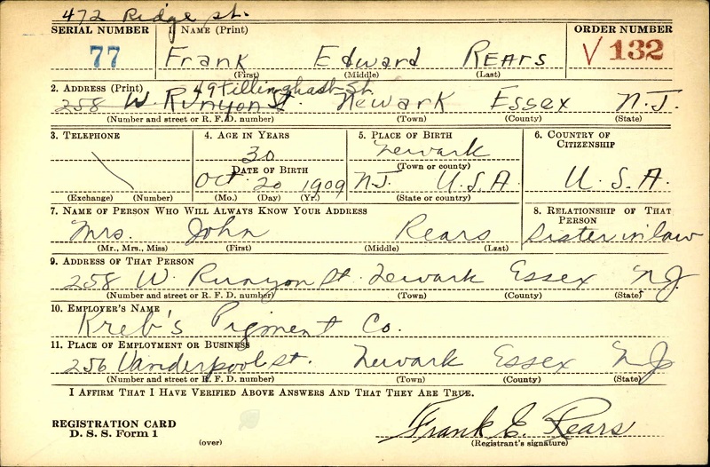 Frank E. Rears WW2 Draft Registration