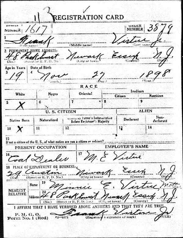Frank Virtue Jr. WW1 Draft Registration