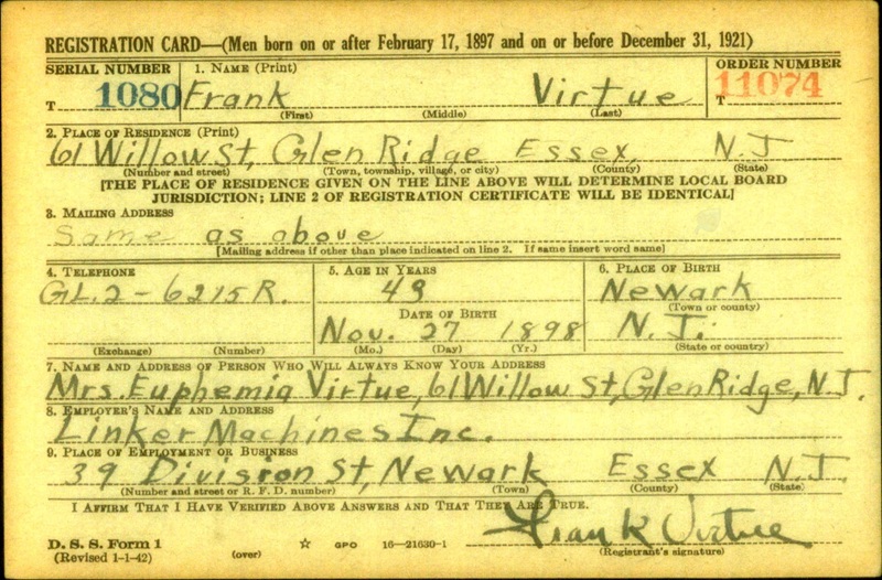 Frank Virtue Jr. WW2 Draft Registration