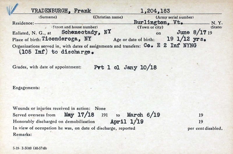Frank Vradenburgh Military Record