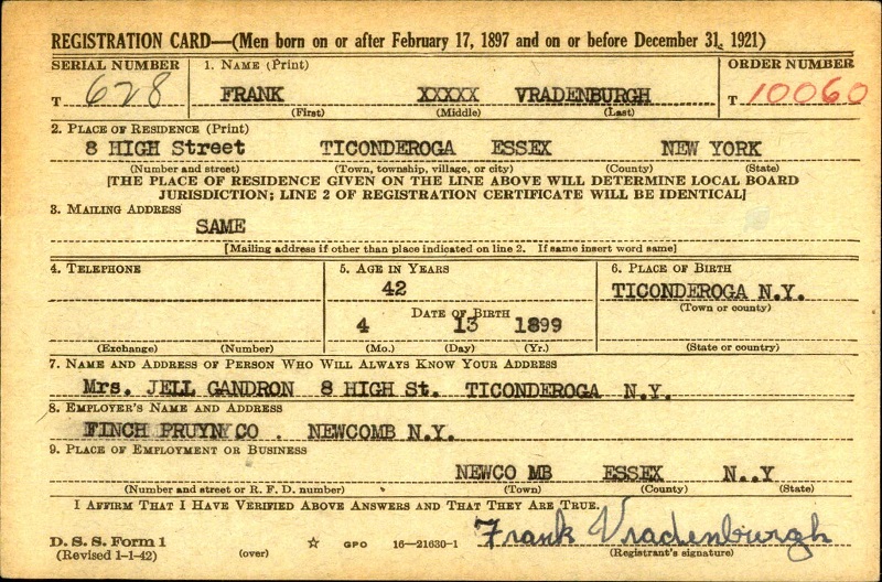 Frank Vradenburgh WW2 Draft Registration