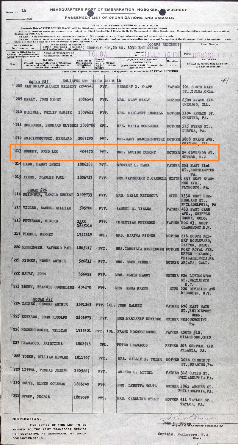 Fred Dumont Military Record