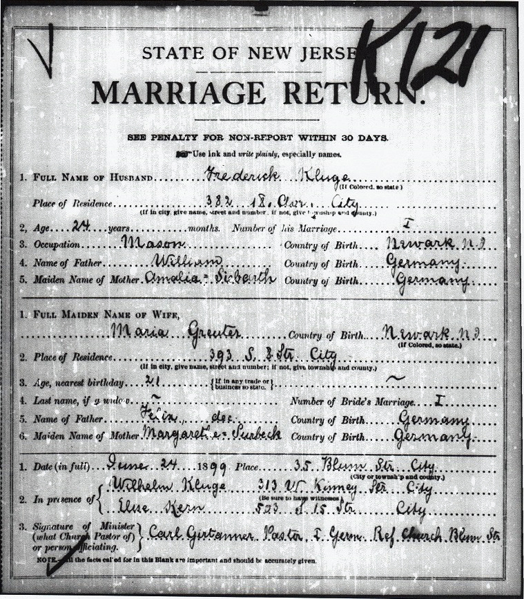 Maria Greuter and Frederick Kluge Marriage Certificate