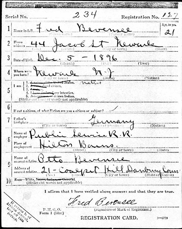 Frederick Otto Bevensee's World War I Draft Registration Card Part 1