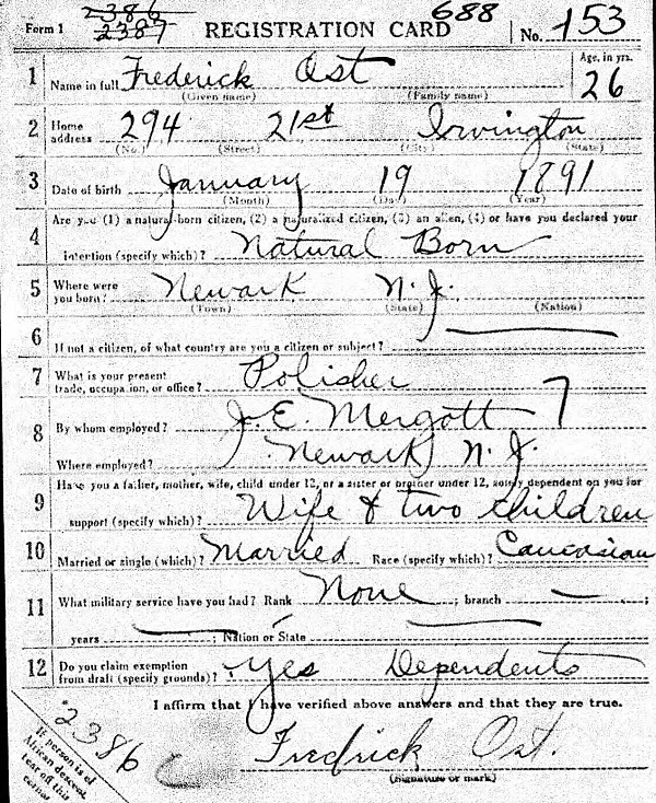 Fred Ost WW1 Draft Registration