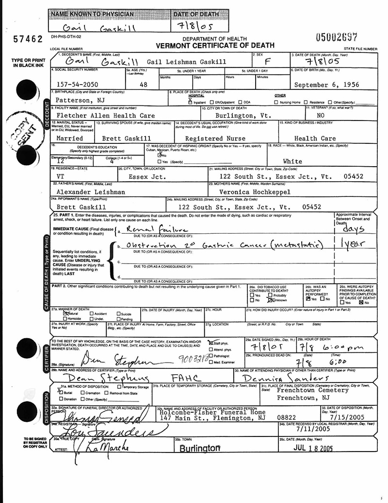 Gail Leishman Gaskill Death Certificate