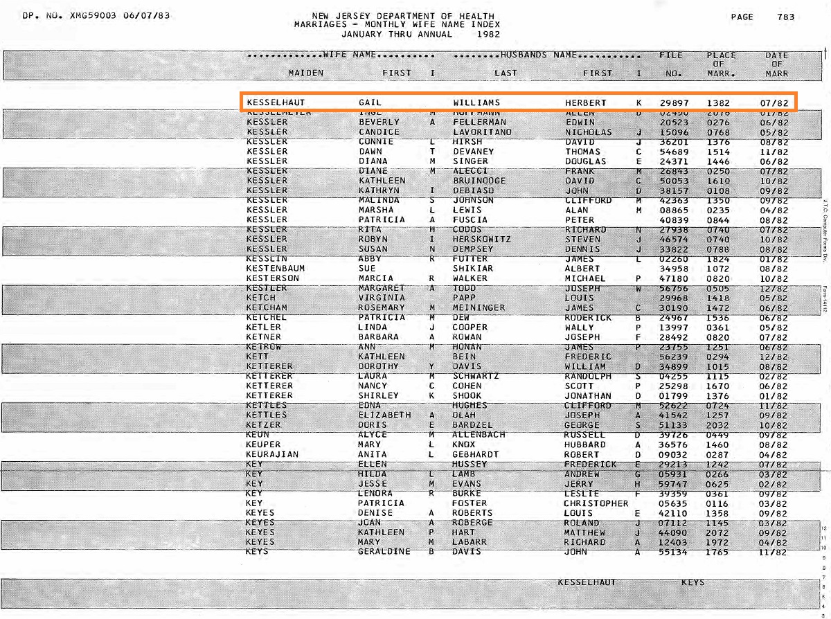 Gail Kesselhaut and Herbert Williams Marriage Index