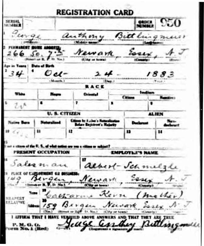 George A. Bittlingmeier's World War I Draft Registration Card Part 1