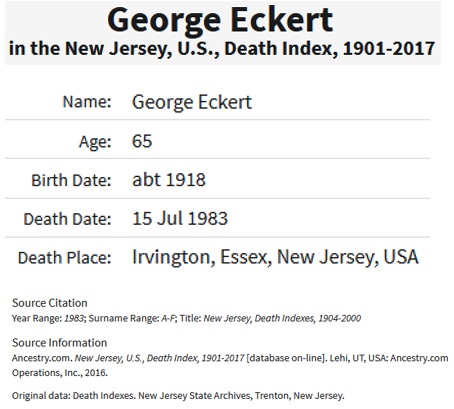 George Eckert Death Index
