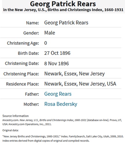 George P. Rears Birth Index