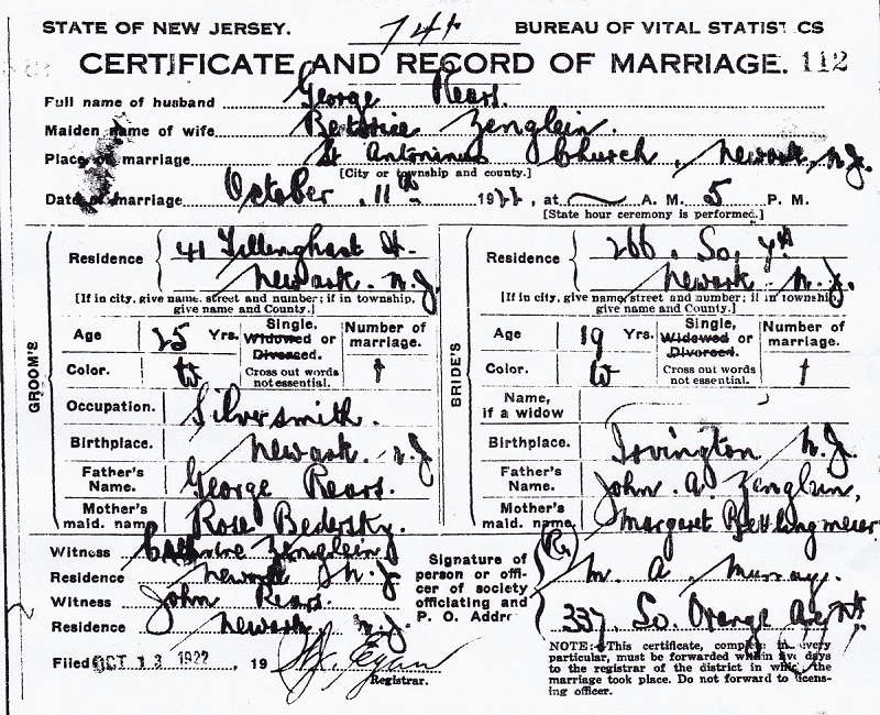 Beatrice Zenglein and George Rears Marriage Certificate