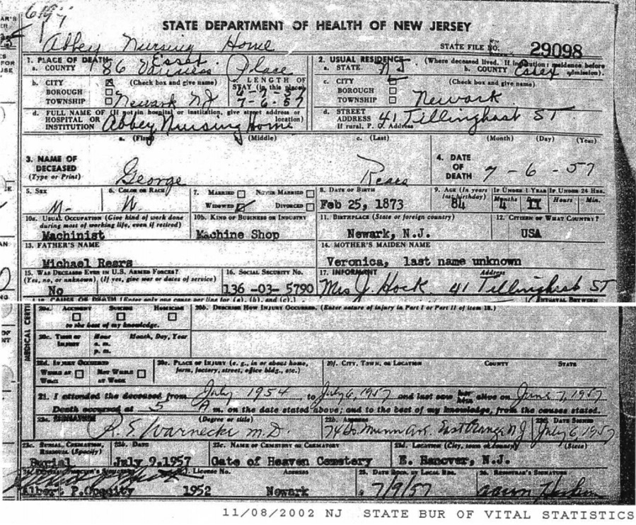 George Rears Death Certificate