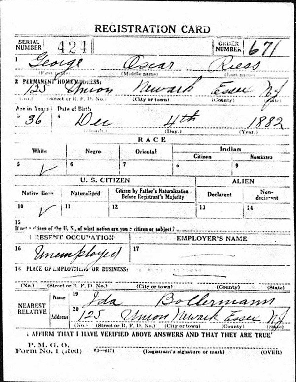 George Oscar Riess World War I Draft Registration