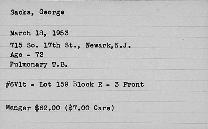 The Woodland Cemetery Index Cards of George and Matilda Sacks