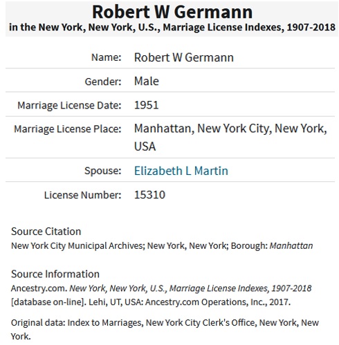 Robert Germann and Elizabeth Martin Marriage Index