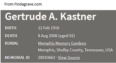 Gertrude Bederski Kastner Cemetery Record