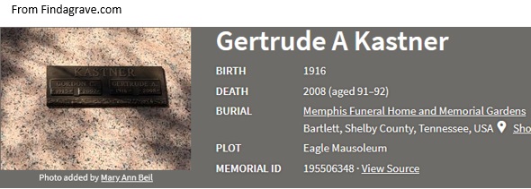 Gertrude Bederski Kastner Cemetery Record