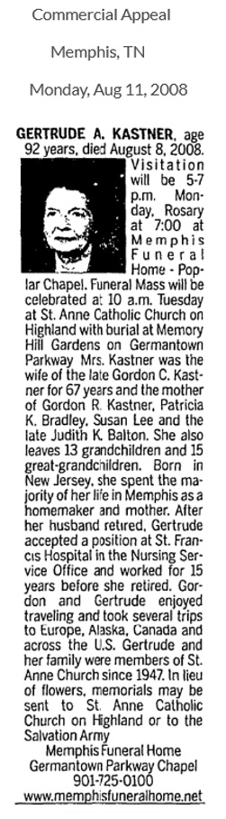 Gertrude Adele Bederski Kastner Obituary