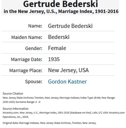 Gertrude Bederski and Gordon Kastner Marriage Record