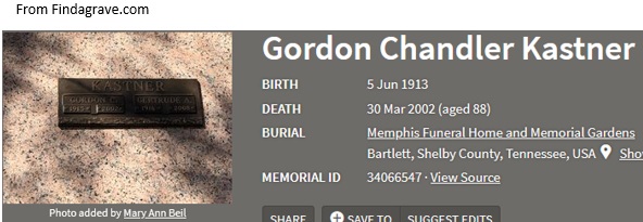 Gordon Kastner Cemetery Record
