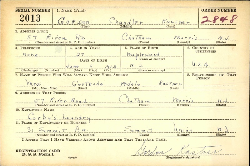 Gordon Kastner WW2 Draft Registration