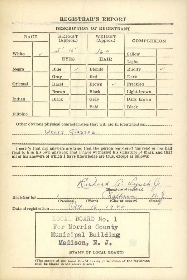 Gordon Kastner WW2 Draft Registration