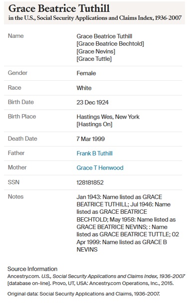 Grace Beatrice Tuthill Bechtold Nevins Obituary