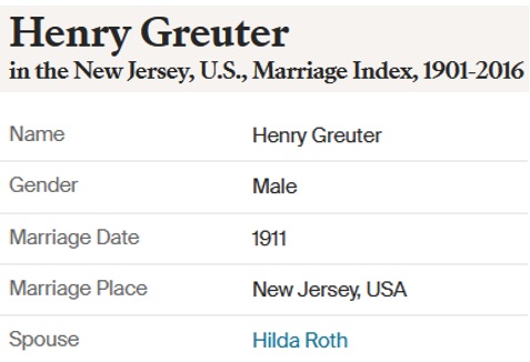 Henry F. Greuter and Hilda Roth Marriage Index