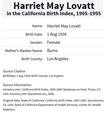 Harriet May Lovatt Birth Index