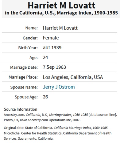 Harriet Lovatt and Jerry Ostrom Marriage