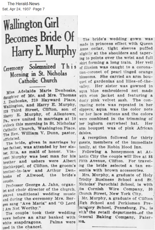 Harry A. Murphy and Adelaide Denboske Marriage Record