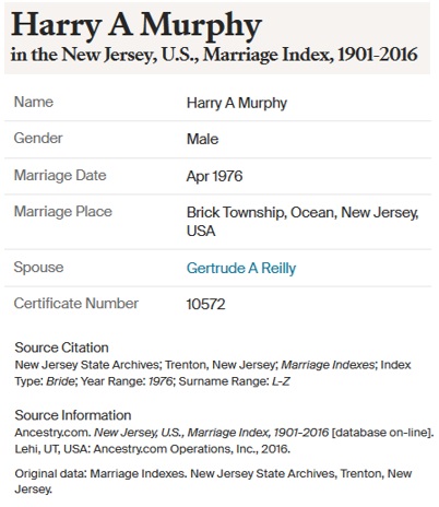 Harry A. Murphy and Gertrude Reilly Marriage Record