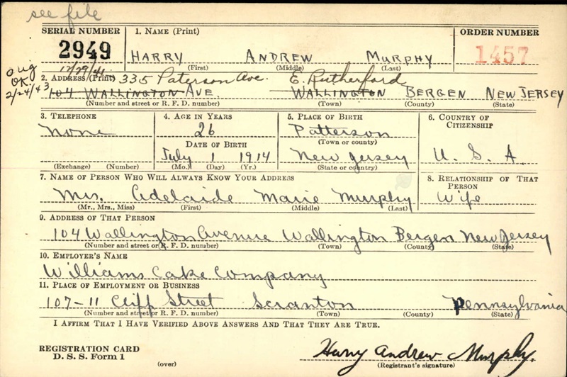 Harry A. Murphy WW2 Draft Registration