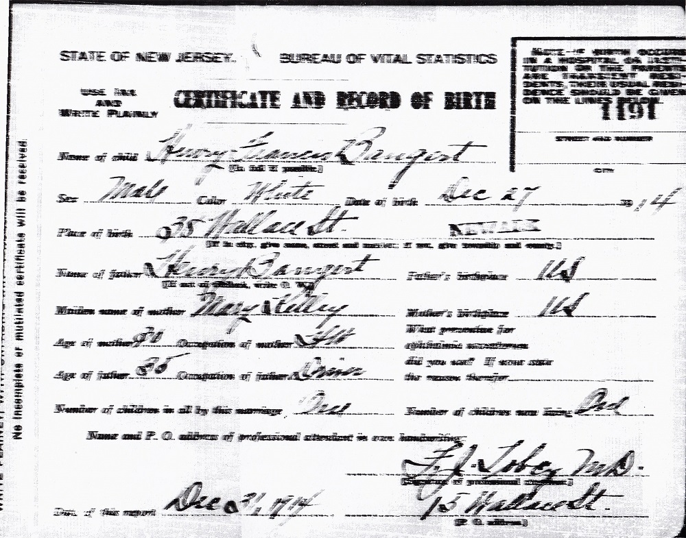 Harry Francis Bangert Birth Certificate