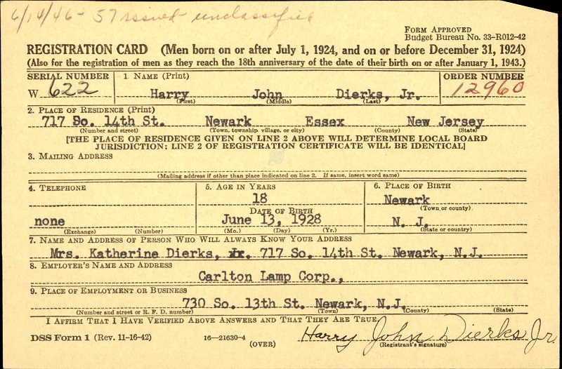 Harry John Dierks World War II Draft Registration