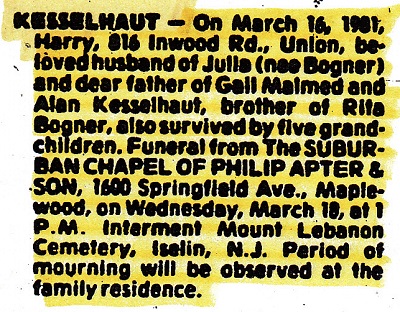 Harry Kesselhaut Obituary 1