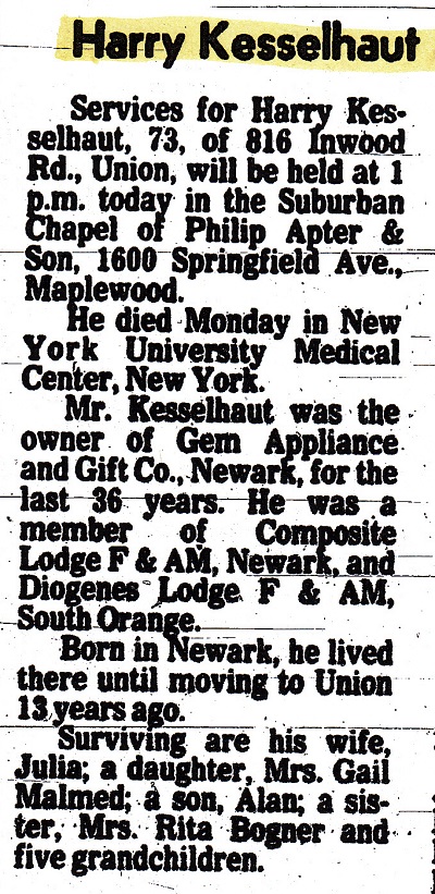 Harry Kesselhaut Obituary 2