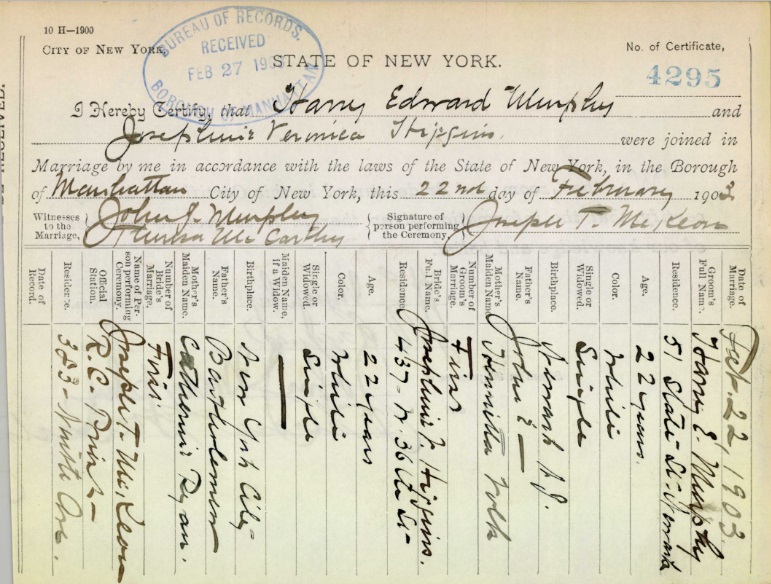 Harry Murphy and Josephine Higgins Marriage Certificate