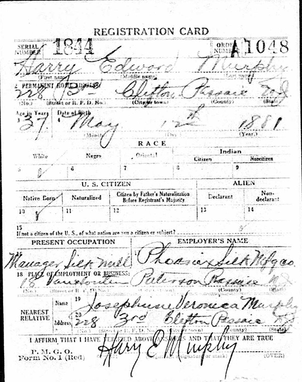 Harry E. Murphy WW1 Draft Registration