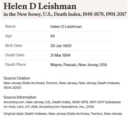 Helen Devlin Leishman Death Index