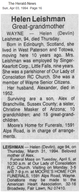 Helen Devlin Leishman Obituary