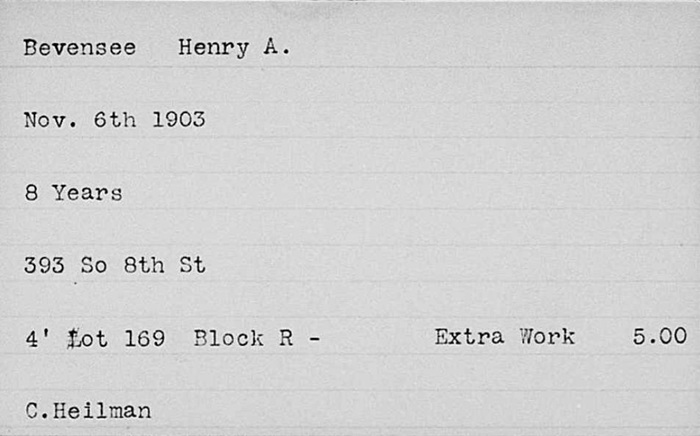 The Woodland Cemetery Index Card of Henry Bevensee