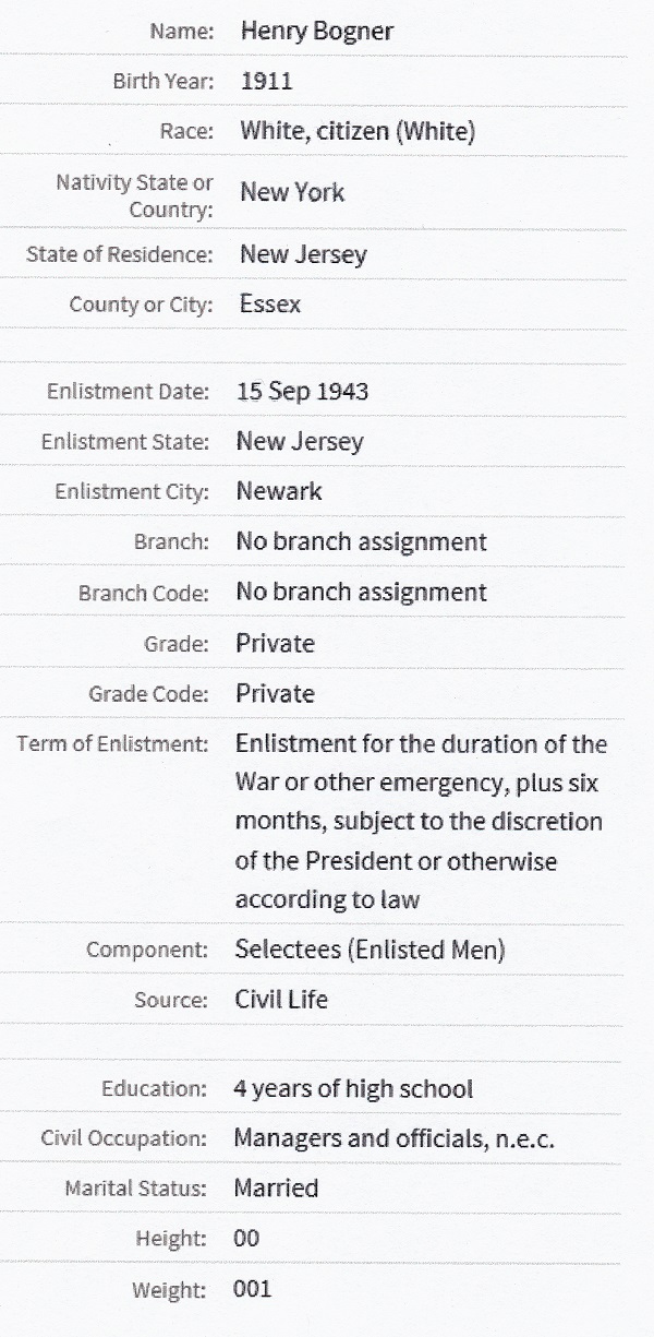 Henry Bogner's World War II Enlistment Record