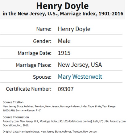 Henry Doyle and Mary Westerwelt Marriage Record
