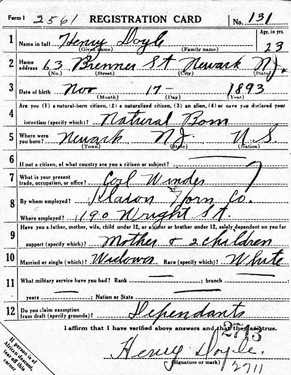 Henry Doyle WW1 Draft Registration