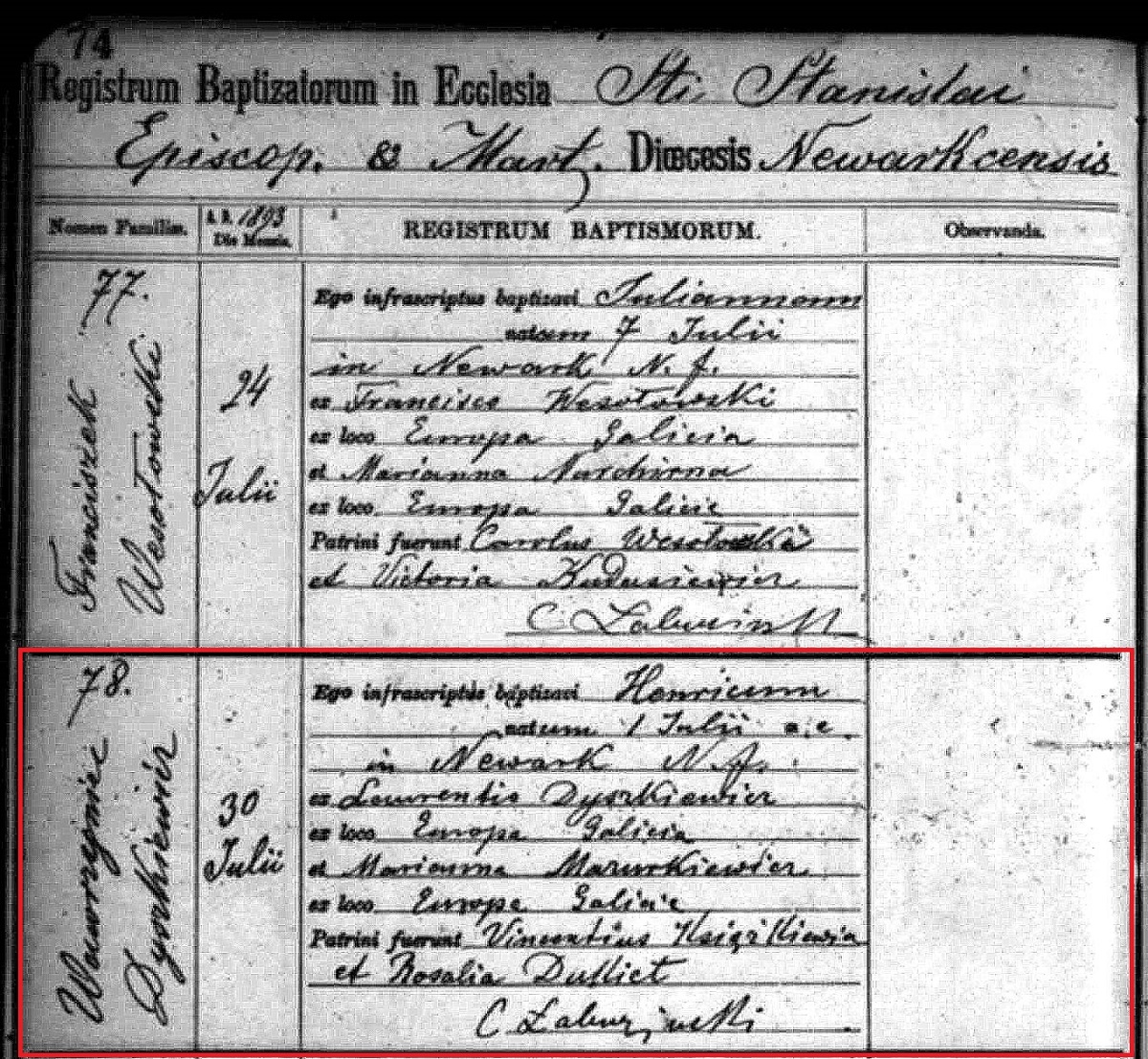 Henry Dyszkiewicz Baptismal Record