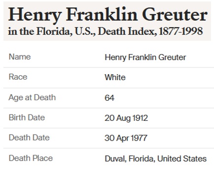 Henry F. Greuter Jr. Death Index