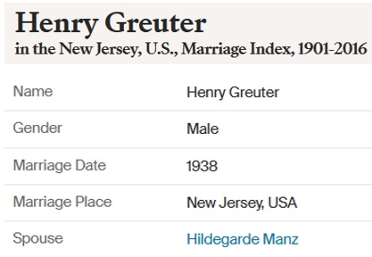 Henry F. Greuter Jr. and Hildegarde Manz Marriage Index